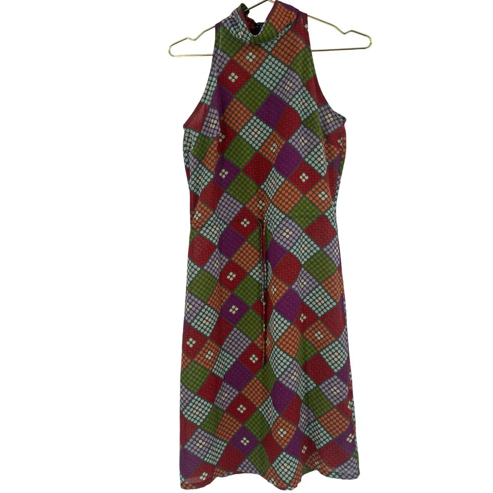 Vintage Free People Multicolor Checkered Midi Dress Mod Retro size 7